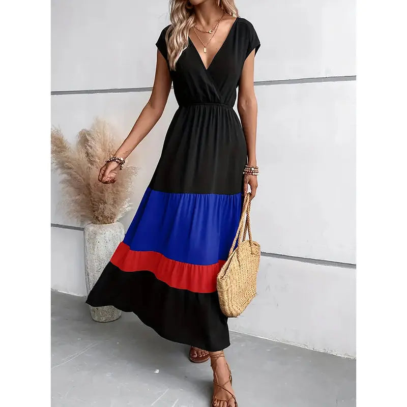 Women's Color Block Maxi Dresses V Neck Sleeveless Tiered Casual Dresses Loose Sundress null