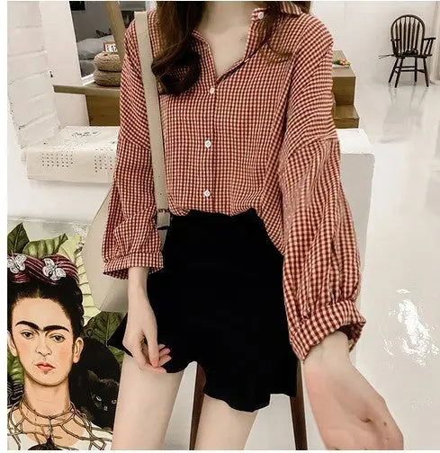 Blouses Shirts Women Loose Large Size M-4XL Plaid All-match null