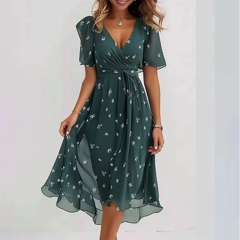 Flowers Printed V-neck Dress Summer A-line Short-sleeved Dresses For Women null