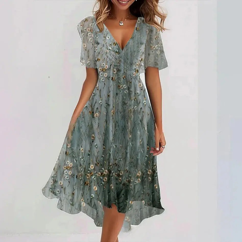 Flowers Printed V-neck Dress Summer A-line Short-sleeved Dresses For Women null