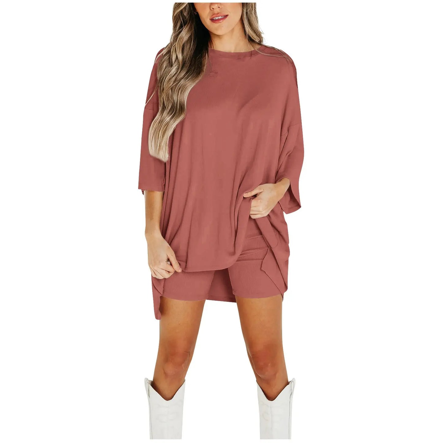 Summer Shorts Suit Fashion Loose Short-sleeved T-shirt And Slim Tight Pants Women's Clothing - Nadastore Summer Shorts Suit Fashion Loose Short-sleeved T-shirt And Slim Tight Pants Women's Clothing