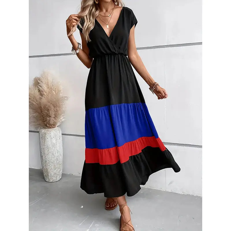 Women's Color Block Maxi Dresses V Neck Sleeveless Tiered Casual Dresses Loose Sundress null