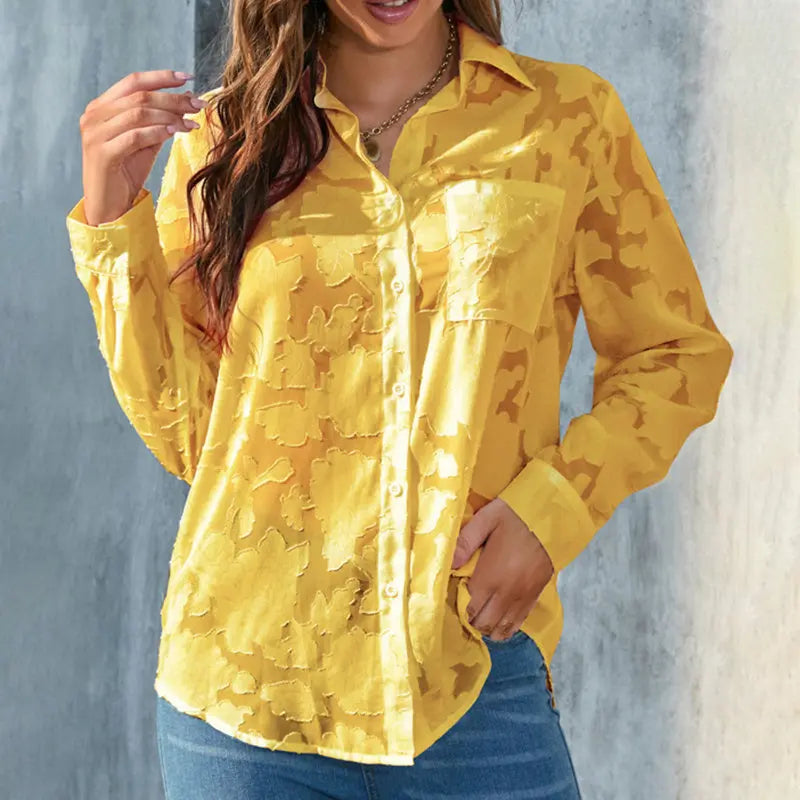 Womens Casual Sheer Button Down Shirts Long Sleeve V Neck Jacquard Blouses Tops null