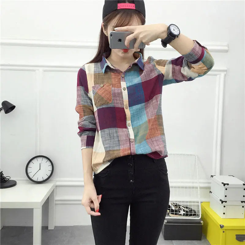 asual Plaid Women Blouses Kimono Vintage Linen Cotton Long Sleeve Blouse Female Shirts Tops null