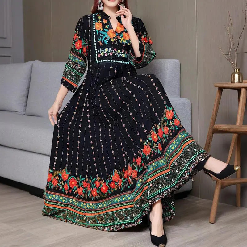 Women's Ethnic Style V-Neck Long Sleeve Dress - Embroidered Floral Pattern A-Line Maxi Dress With Printed Hem Middle Eastern Inspired Fashion null