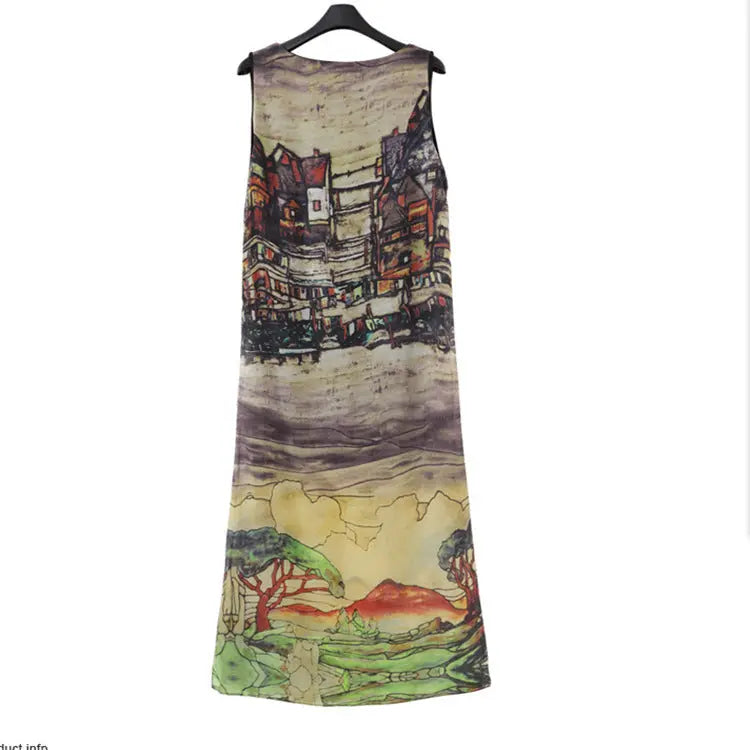 Summer New Female Chiffon Dress Retro House Pattern Sleeveless Split Beach Long Skirt null