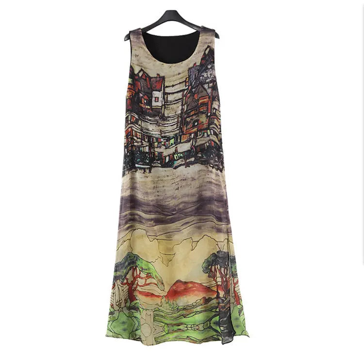 Summer New Female Chiffon Dress Retro House Pattern Sleeveless Split Beach Long Skirt null
