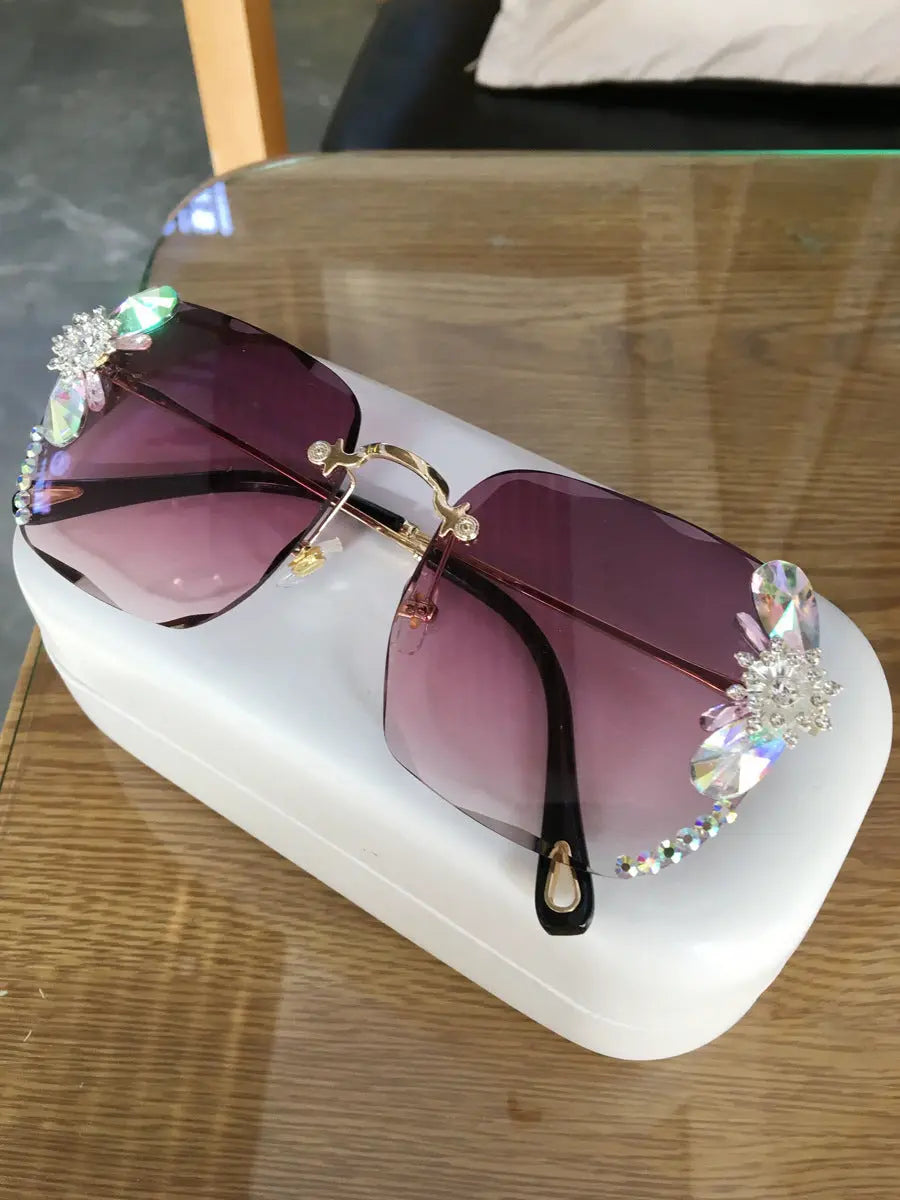 Frameless Trendy Rhinestone Sunglasses, Gradient Luxury Sunglasses Women null