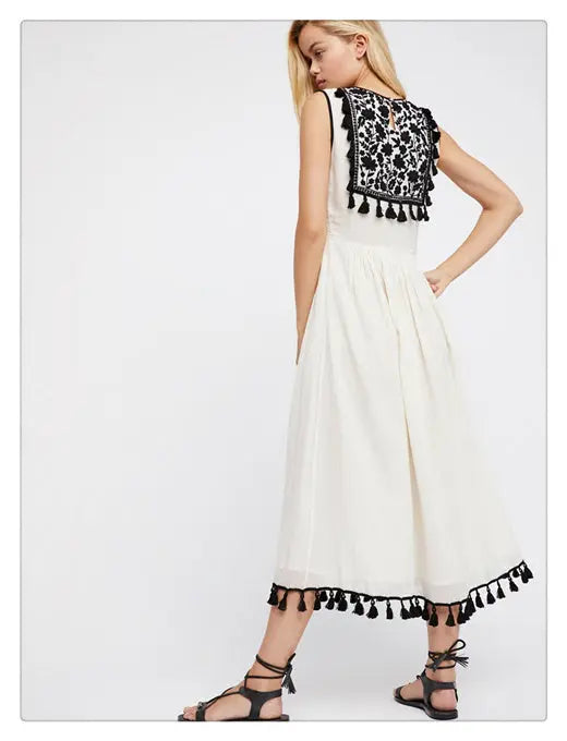 Bohemian Embroidered Floral Fringe Sleeveless Vest Dress null