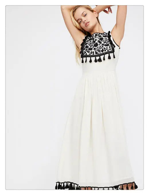 Bohemian Embroidered Floral Fringe Sleeveless Vest Dress null