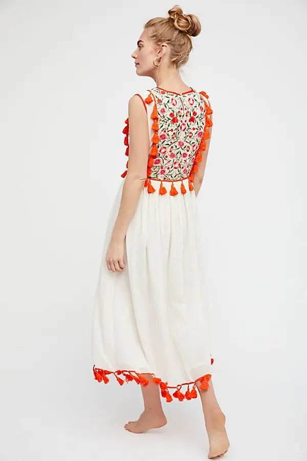 Bohemian Embroidered Floral Fringe Sleeveless Vest Dress null