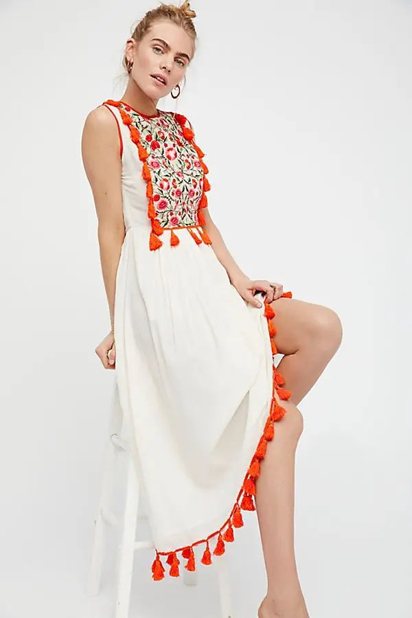 Bohemian Embroidered Floral Fringe Sleeveless Vest Dress null