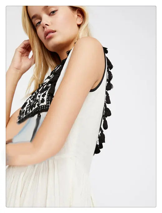 Bohemian Embroidered Floral Fringe Sleeveless Vest Dress null