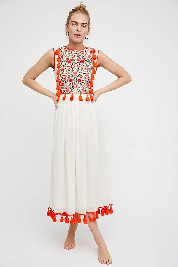 Bohemian Embroidered Floral Fringe Sleeveless Vest Dress null