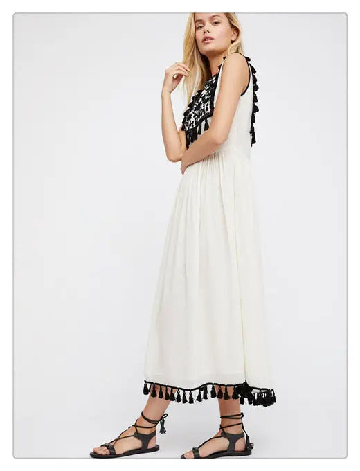 Bohemian Embroidered Floral Fringe Sleeveless Vest Dress null