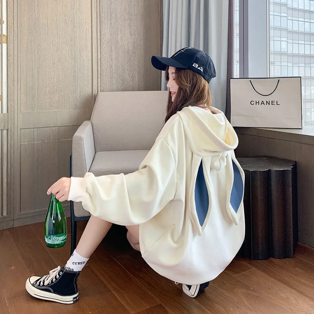Sweet Cute Preppy Style Rabbit Ears Plus Velvet Thick Hoodies null