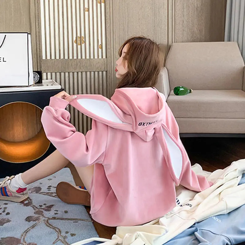 Sweet Cute Preppy Style Rabbit Ears Plus Velvet Thick Hoodies null