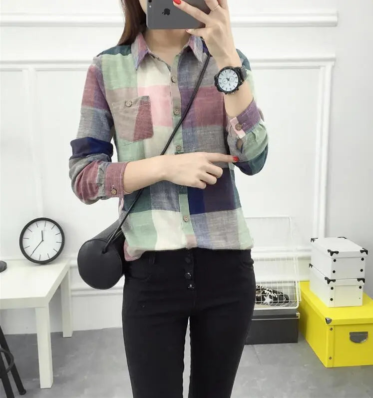 asual Plaid Women Blouses Kimono Vintage Linen Cotton Long Sleeve Blouse Female Shirts Tops null