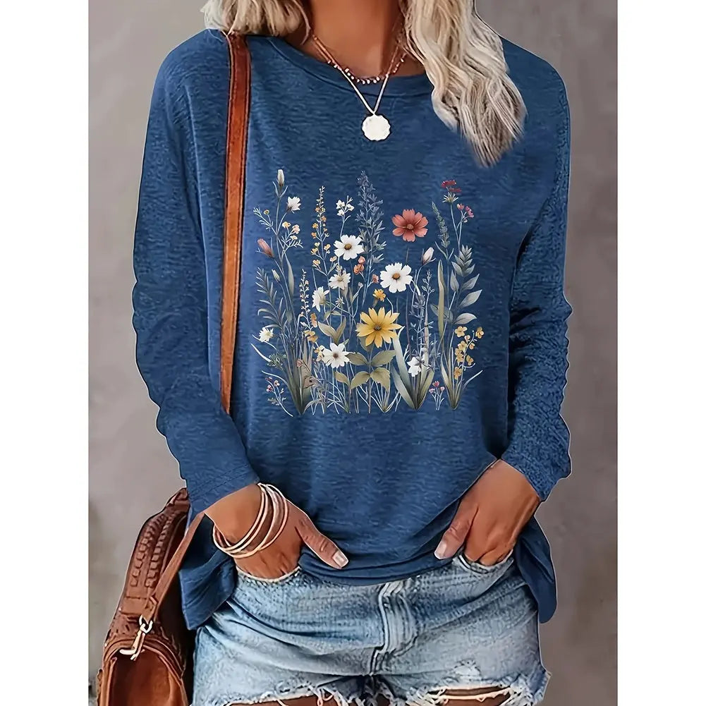 Flowers Graphic Long Sleeve Tees Shirts For Women null