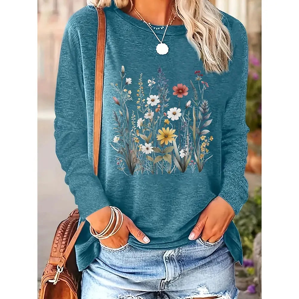 Flowers Graphic Long Sleeve Tees Shirts For Women null