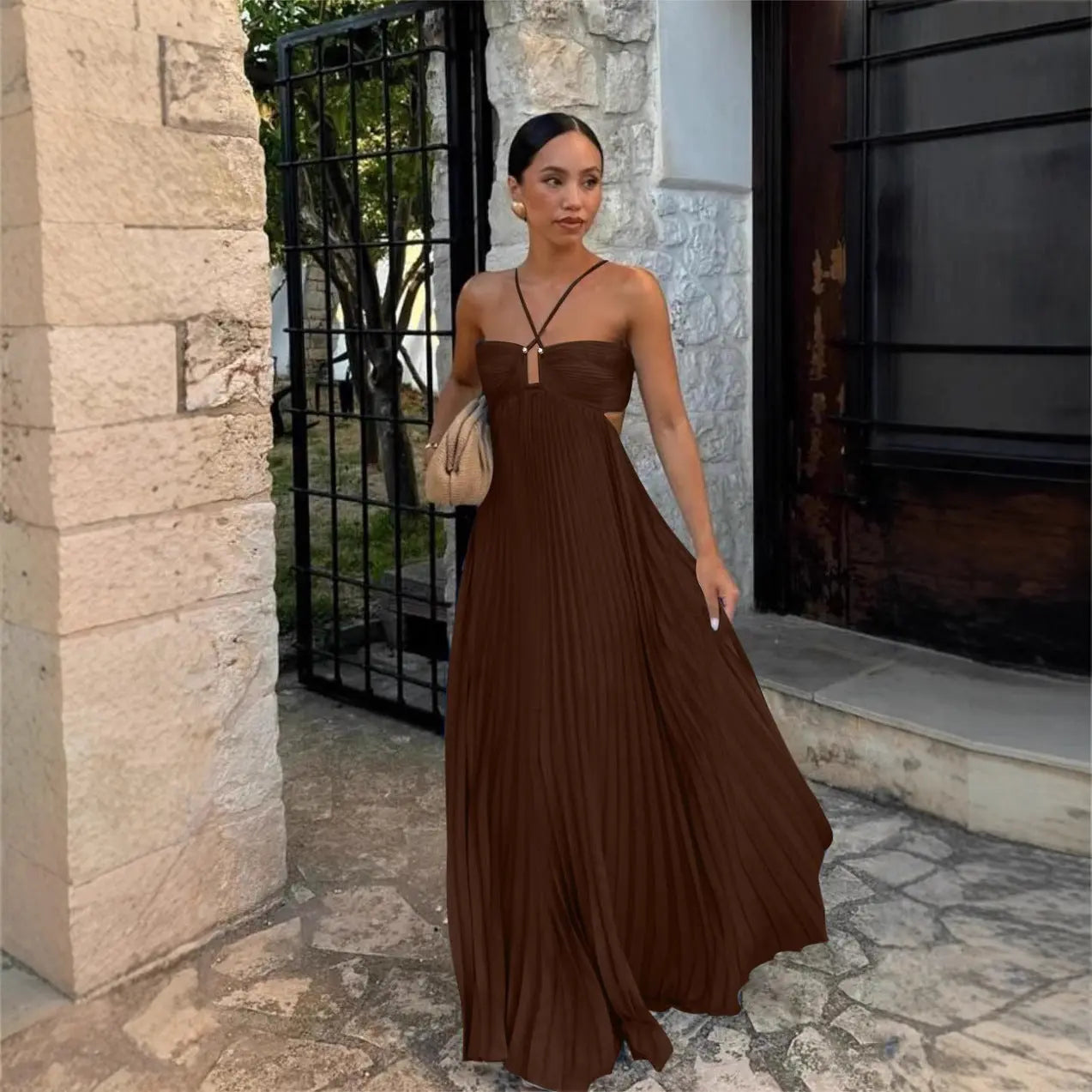 Ins Pleated Sleeveless Sling Dress Hollow High Waist Halter Robe Dresses For Evening Party Club Clothing Women null