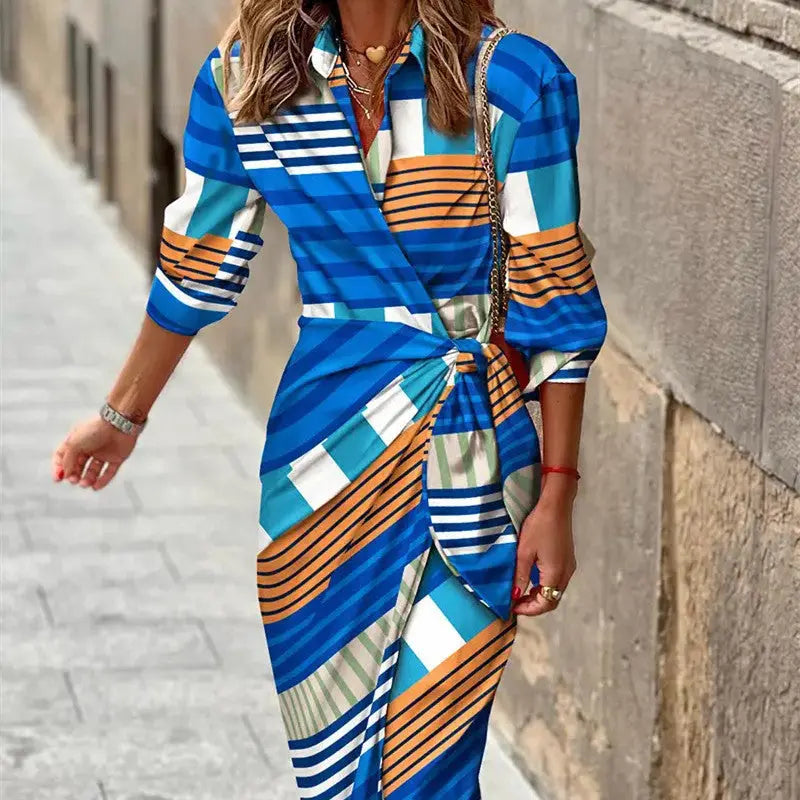 Fashion Printed Shirt Dress With Belt Slim Fit Three-quarter Sleeve Lapel Dress For Women Clothing - Nadastore Fashion Printed Shirt Dress With Belt Slim Fit Three-quarter Sleeve Lapel Dress For Women Clothing