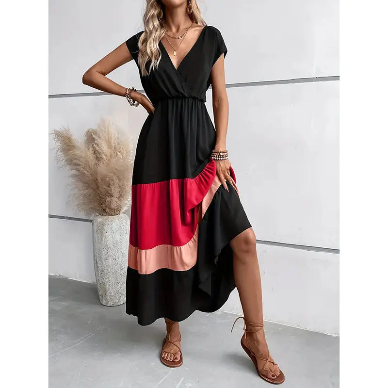 Women's Color Block Maxi Dresses V Neck Sleeveless Tiered Casual Dresses Loose Sundress null