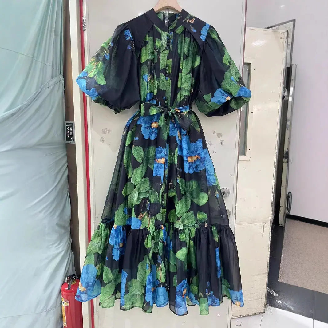 Bubble Sleeve Single-breasted Retro Printed Dress null