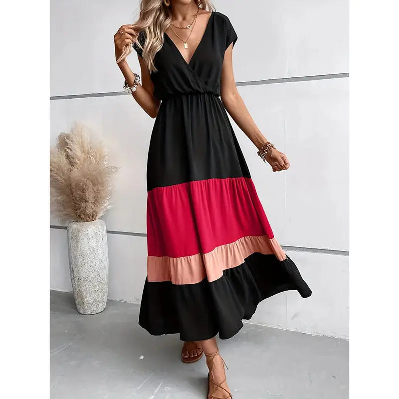 Women's Color Block Maxi Dresses V Neck Sleeveless Tiered Casual Dresses Loose Sundress null