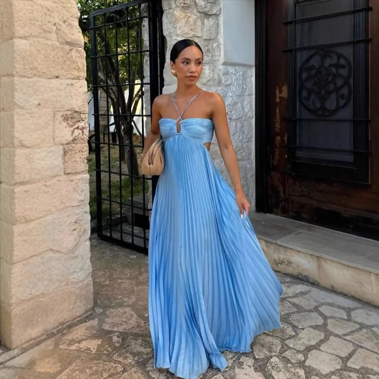 Ins Pleated Sleeveless Sling Dress Hollow High Waist Halter Robe Dresses For Evening Party Club Clothing Women null