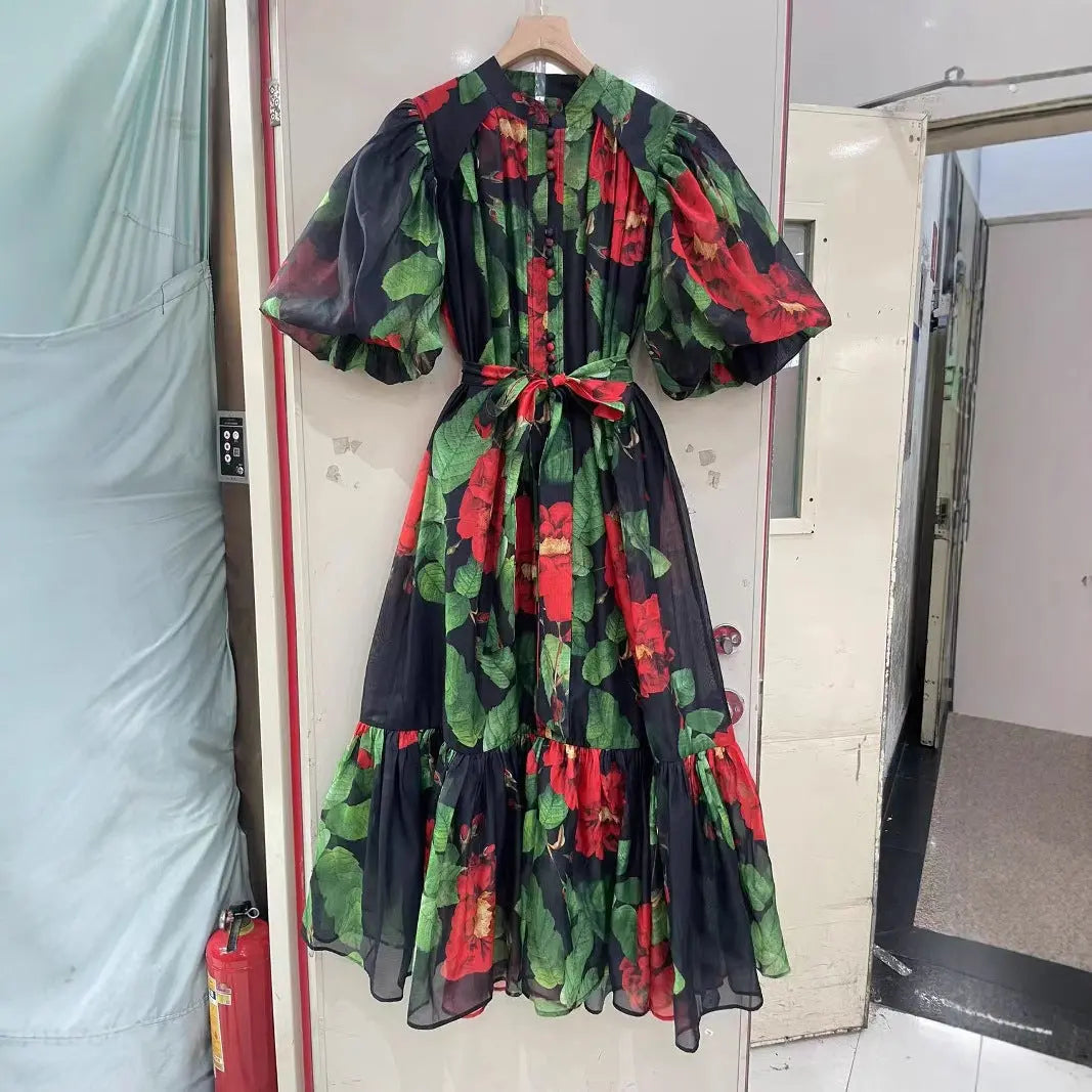 Bubble Sleeve Single-breasted Retro Printed Dress null