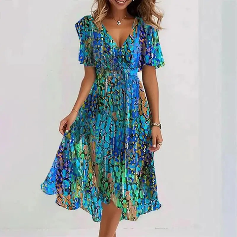 Flowers Printed V-neck Dress Summer A-line Short-sleeved Dresses For Women null