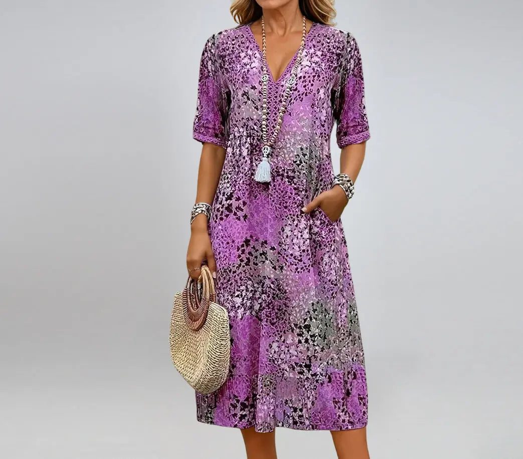 Summer V-neck Half-sleeved Dress With Pockets Fashion Ethnic Print Dresses Beach Holiday Clothing For Women - Nadastore