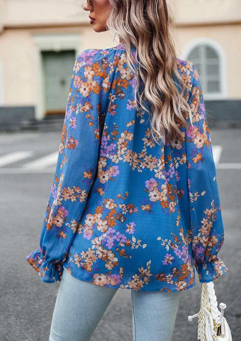 Women's Tops Casual Floral Print V Neck Long Sleeve Shirts Loose Chiffon Blouses Shirts Tops null