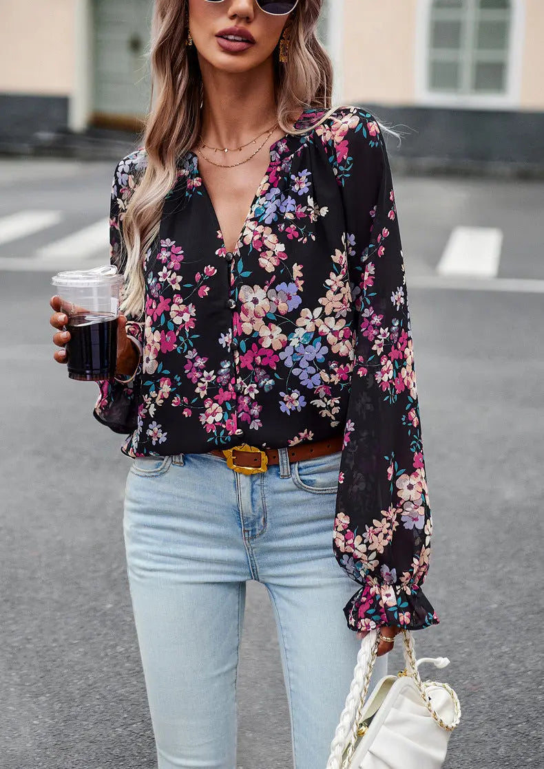 Women's Tops Casual Floral Print V Neck Long Sleeve Shirts Loose Chiffon Blouses Shirts Tops null