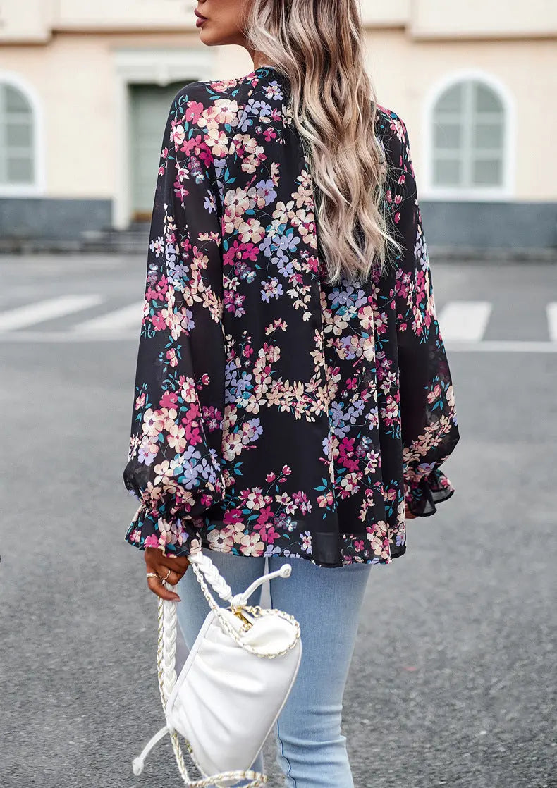 Women's Tops Casual Floral Print V Neck Long Sleeve Shirts Loose Chiffon Blouses Shirts Tops null