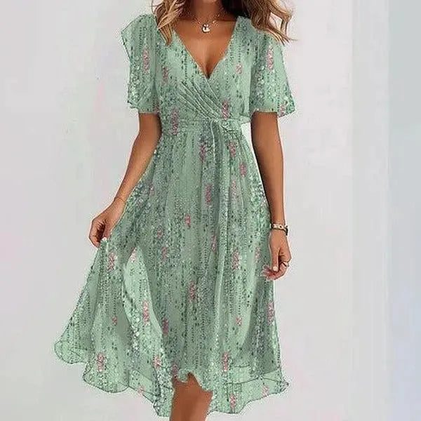 Flowers Printed V-neck Dress Summer A-line Short-sleeved Dresses For Women null