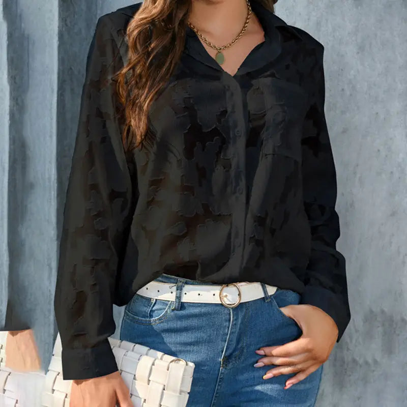 Womens Casual Sheer Button Down Shirts Long Sleeve V Neck Jacquard Blouses Tops null