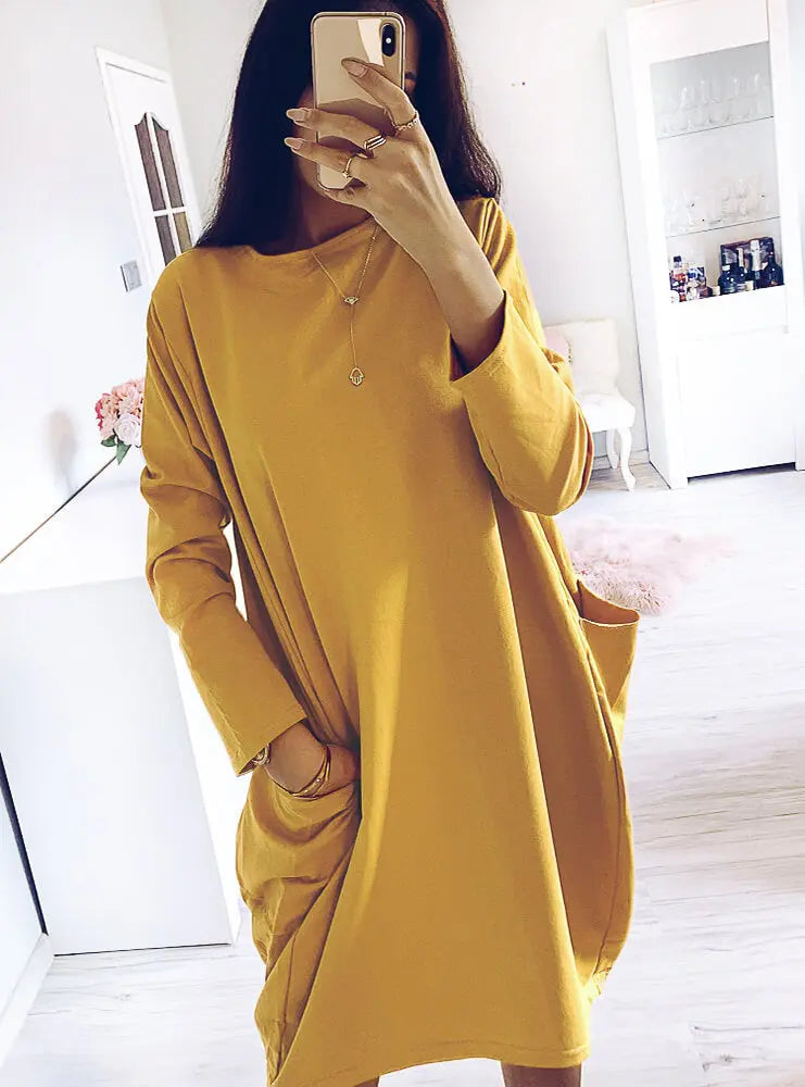 Hot style long-sleeved loose pocket dress null