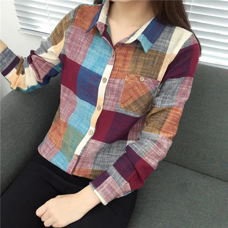asual Plaid Women Blouses Kimono Vintage Linen Cotton Long Sleeve Blouse Female Shirts Tops null