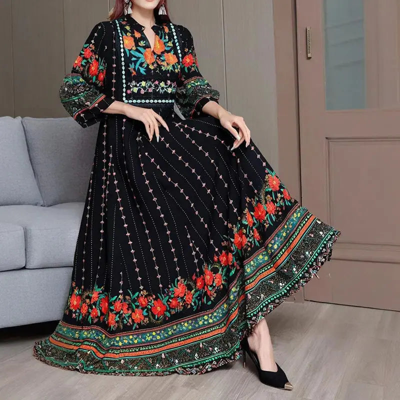 Women's Ethnic Style V-Neck Long Sleeve Dress - Embroidered Floral Pattern A-Line Maxi Dress With Printed Hem Middle Eastern Inspired Fashion null