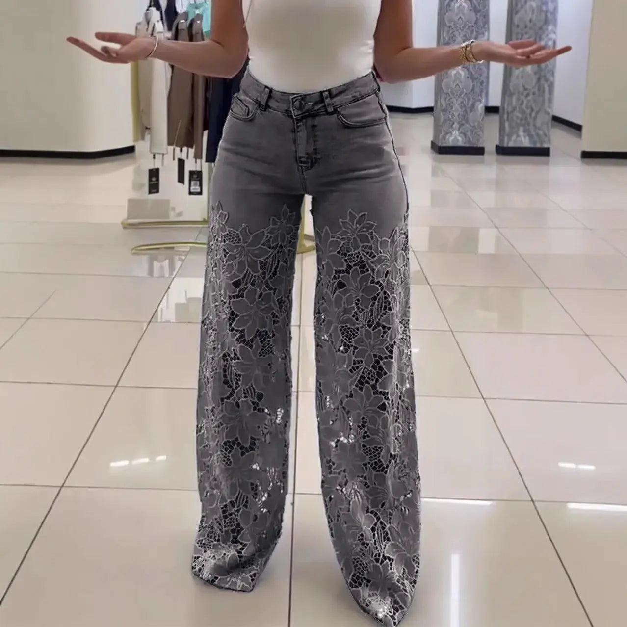 Y2K Lace Flowers Hollow Jeans Fashion High Waist Straight Wide Leg Pants Solid Color Trousers Women's Clothing null