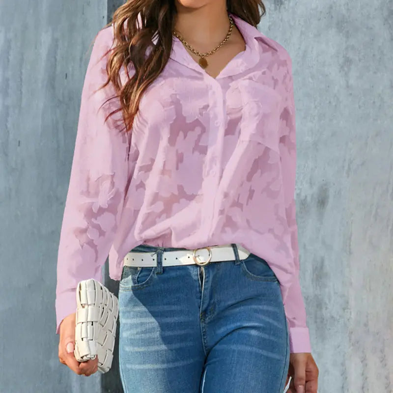 Womens Casual Sheer Button Down Shirts Long Sleeve V Neck Jacquard Blouses Tops null