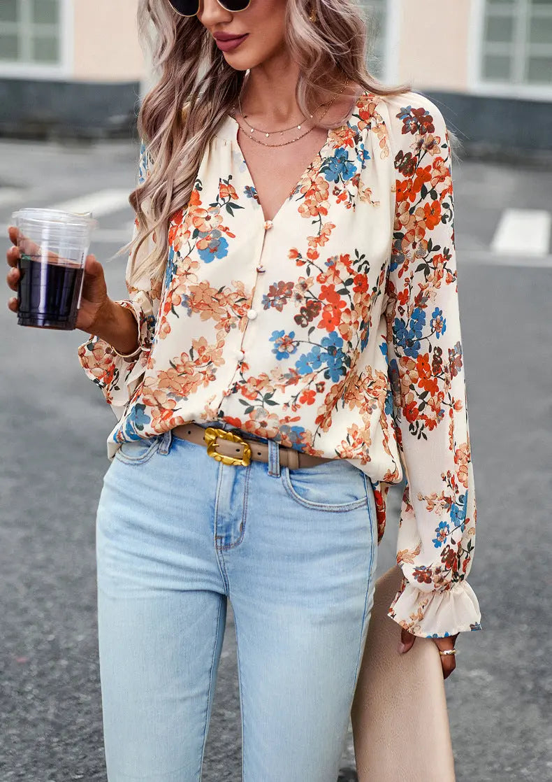 Women's Tops Casual Floral Print V Neck Long Sleeve Shirts Loose Chiffon Blouses Shirts Tops null