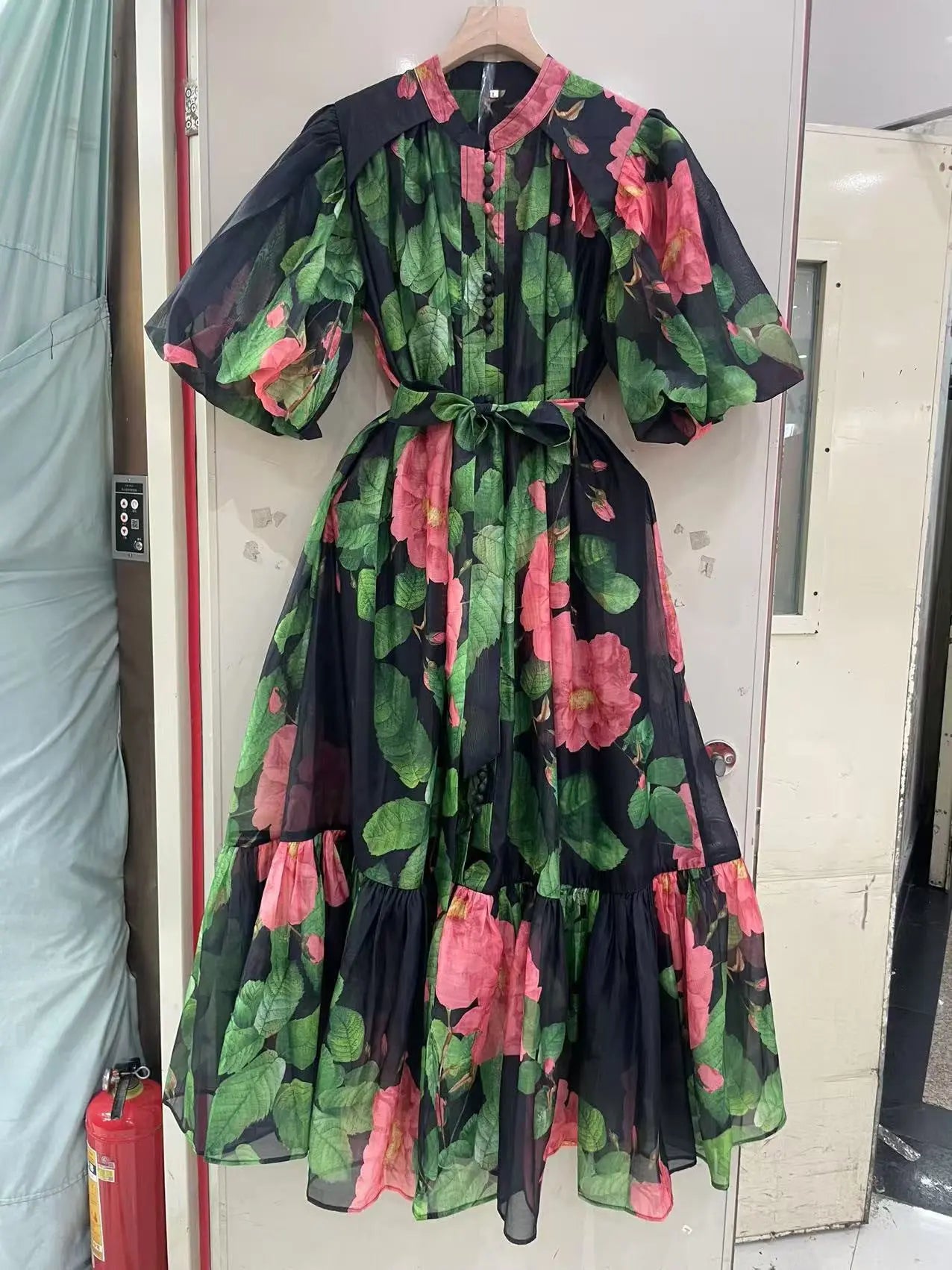 Bubble Sleeve Single-breasted Retro Printed Dress null