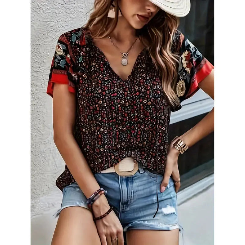 Women's Casual Short Sleeve Shirts Summer Boho Printed V Neck Drawstring Tunic Blouses null