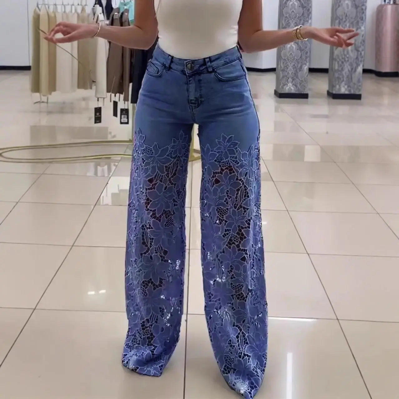 Y2K Lace Flowers Hollow Jeans Fashion High Waist Straight Wide Leg Pants Solid Color Trousers Women's Clothing null
