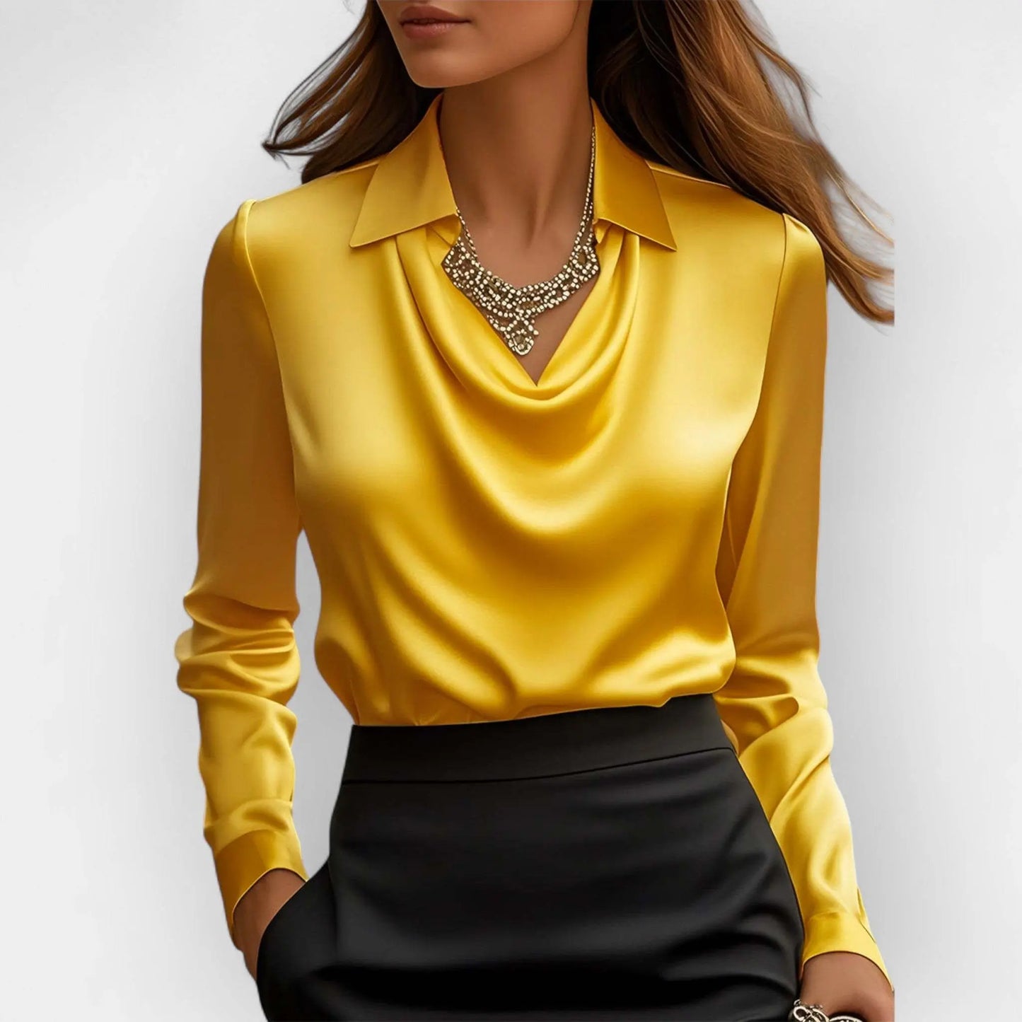 Women's Swing Collar Draped Shirts & Blouses Elegant Solid Satin Office Ladies Top null
