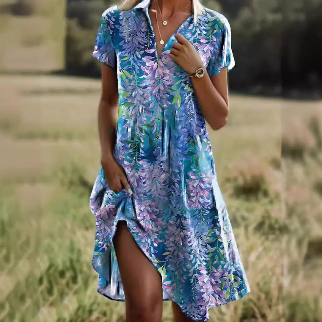 Summer Polka Dot Print Dress Fashion Casual V-Neck Short Sleeve Dresses Beach Daily Clothing For Women - Nadastore