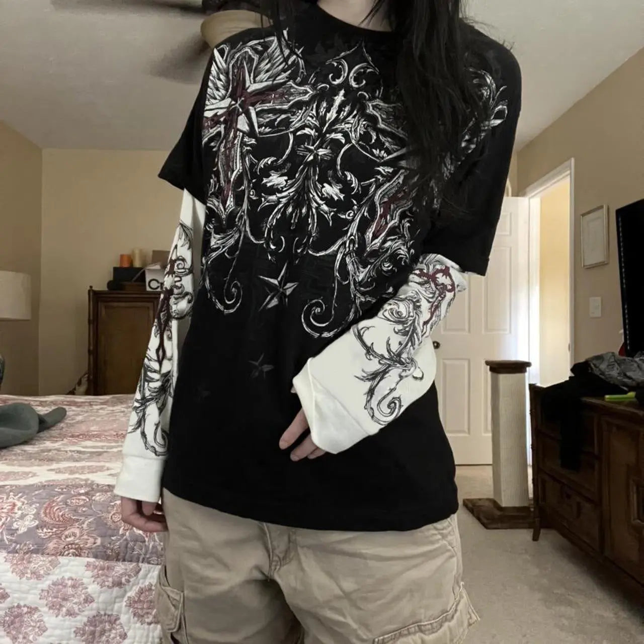 Gothic Tops Women Vintage Graphic Print Patchwork null
